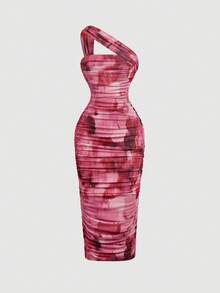 SHEIN MOD 女款性感單肩抓褶洋裝，適合度假、晚宴派對與海灘穿著 - 深紅色 - 查看 3