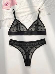 PetitDoll Valentine's Day Sexy Sheer Heart Jacquard Mesh Wireless 2Pcs Lingerie Set - Black - View 2