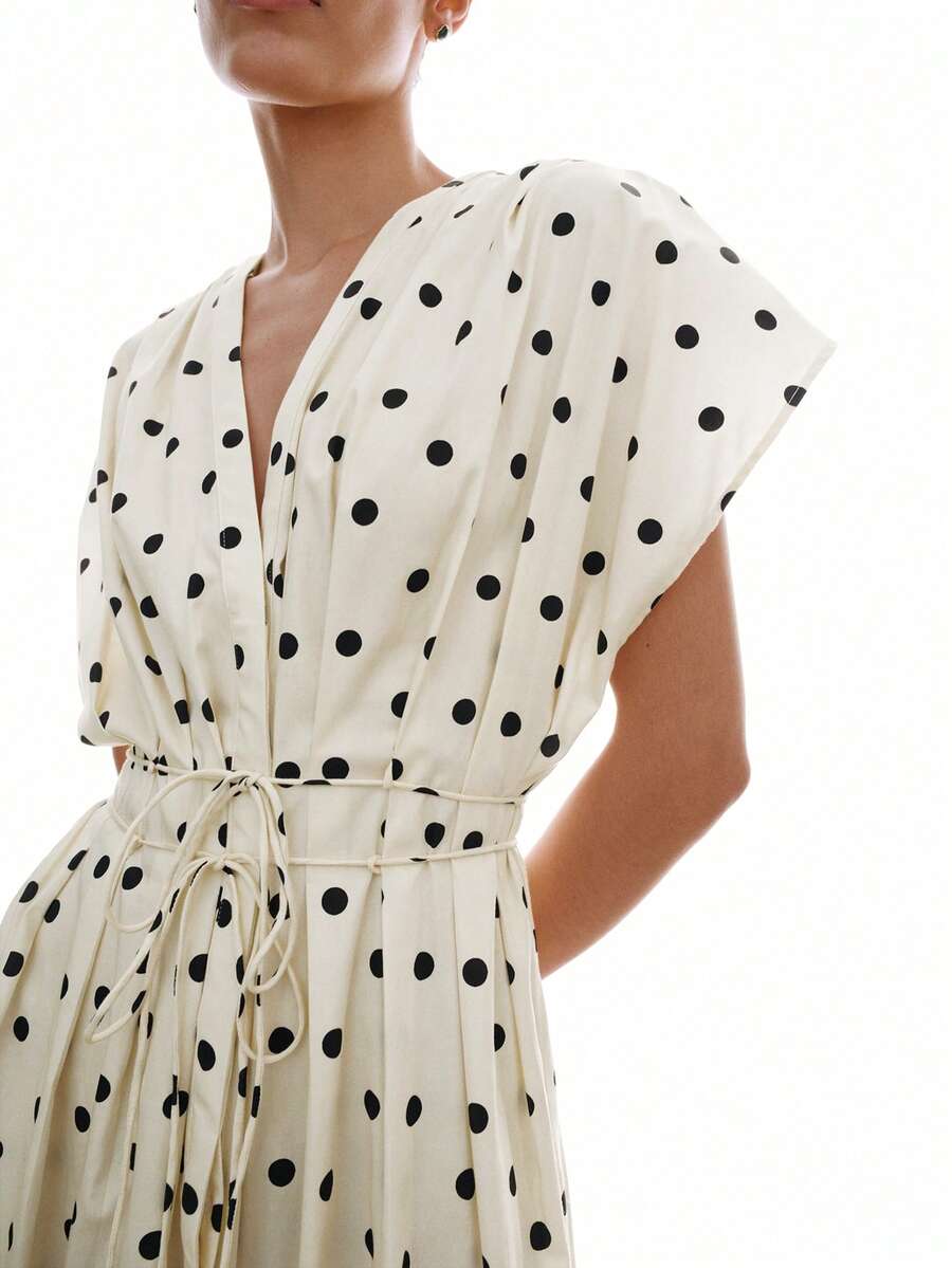 MOTF PREMIUM SPRING/SUMMER 100% COTTON POLKA DOT PRINT V-NECK BELTED DRESS, URBAN CASUAL DATING - Apricot - View 2