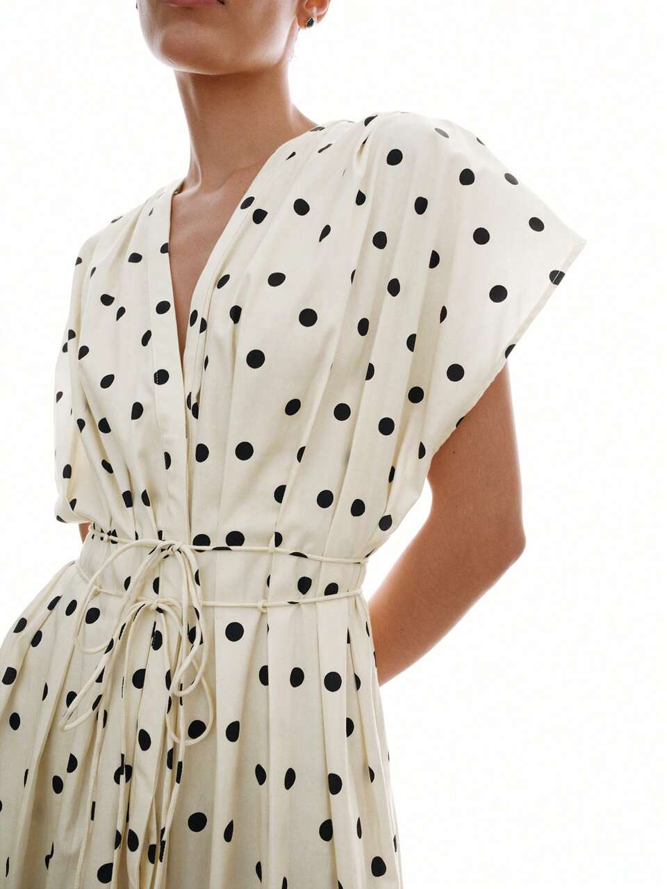 MOTF SPRING/SUMMER 100% COTTON POLKA DOT PRINT V-NECK BELTED DRESS, URBAN CASUAL DATING