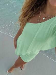 Aloruh Women's Solid Color One-Shoulder Mini Beach Vacation Dress For Vacation Mint Green Summer Sexy Tropical - Mint Green - View 5