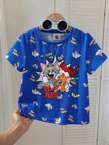 TOM & JERRY X SHEIN Young Boy Cartoon Pattern Print Color Block Crew Neck Short Sleeve T-Shirt - Blue - View 3