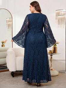 Reflora Plus Size Rhinestone Decorated Lace Ruffle V-Neck Elegant Dress Wedding Evening Dinner Formal Evening Navy Blue Autumn Wedding Fall - Blue - View 9