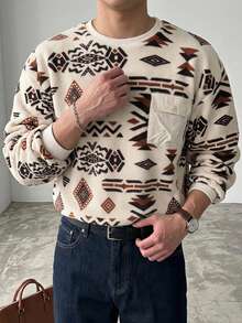 DAZY Khaki Lambswool Fabric Thermal Lined Geometric All-Over Floral Vintage Pattern Ribbed Cuff Collar Hem Men's Pullover Sweatshirt - Khaki - View 3