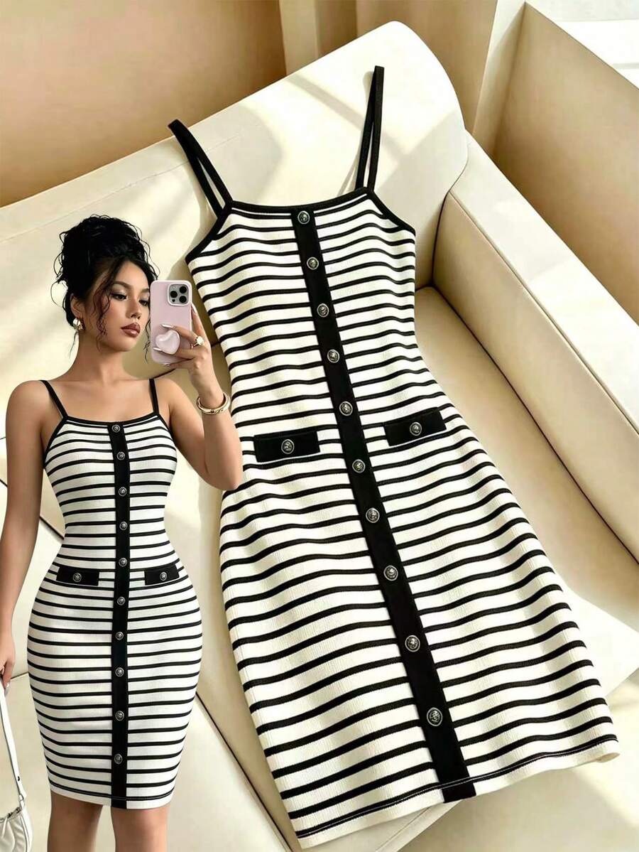 GlowEve Women's Striped Button Design Casual Spaghetti Strap Mini Dress - Multicolor - View 1
