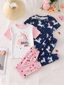 SHEIN 女童休閒極簡修身舒適圓領短袖長褲家居服套裝，4件組，適合春/夏 - 彩色 - 查看 5