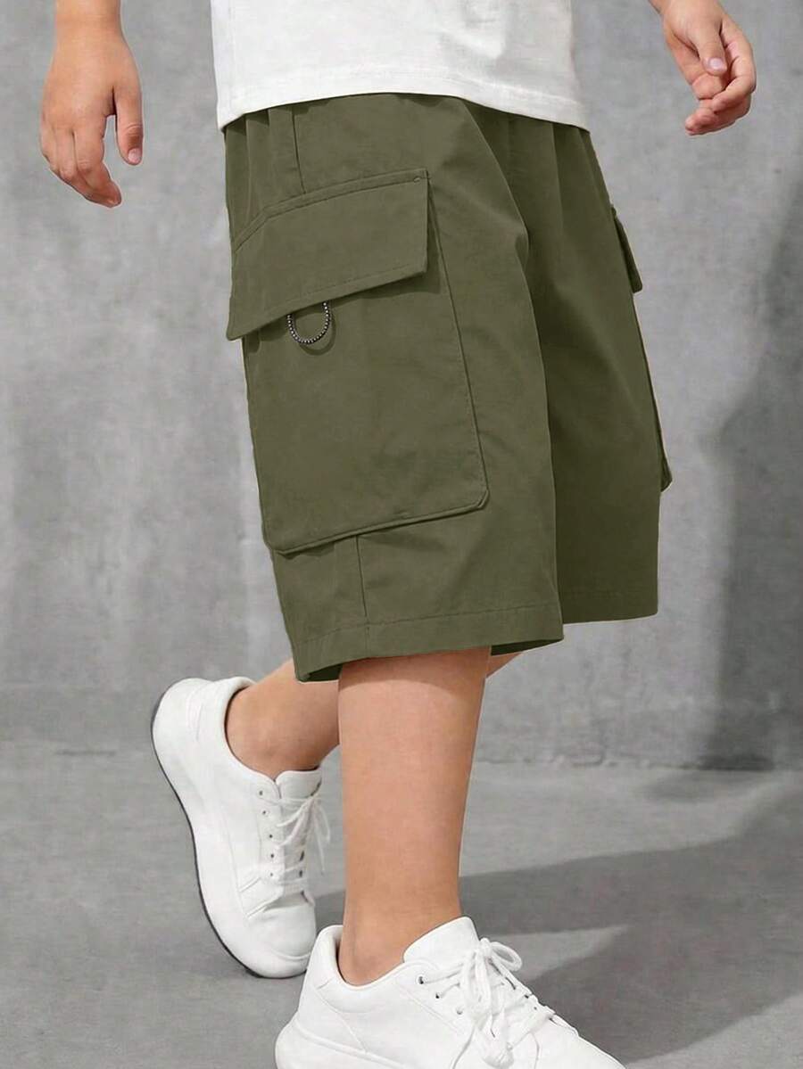 SHEIN Teen Boy Solid Color Casual Versatile Daily Wear Cargo Shorts - Army Green - View 1