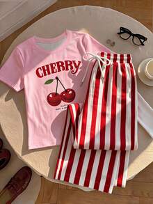 SHEIN EZwear 女款櫻桃印花T恤與條紋長褲兩件套 - 彩色 - 查看 5