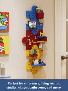 1 Set Colorful Puzzle Piece Pegboard Wall Organizer, Interlockable Plastic Hole Board Storage Rack With Hooks Shelves Bins, DIY Assemble Modular Wall Display Shelf For Stationery Decor Small Items, Space-Saving Kids Room Bedroom Wall Storage Decor - color - View 4