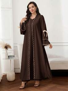 Al Najma Women's Colorblock Trim Lace-Up Abaya - Coffee Brown - View 5