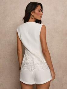 Glamine Women's Casual Sexy Elegant Blazer, Sleeveless Patchwork Lace Jacket Wedding Day Brunch Party Birthday Celebration White Summer - White - View 2