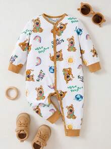 SCOOBY-DOO X SHEIN Baby Boy Cartoon Dog, Rainbow Sun Print White Casual Funny Cute Jumpsuit Family Matching First Birthday Autumn - Multicolor - View 1