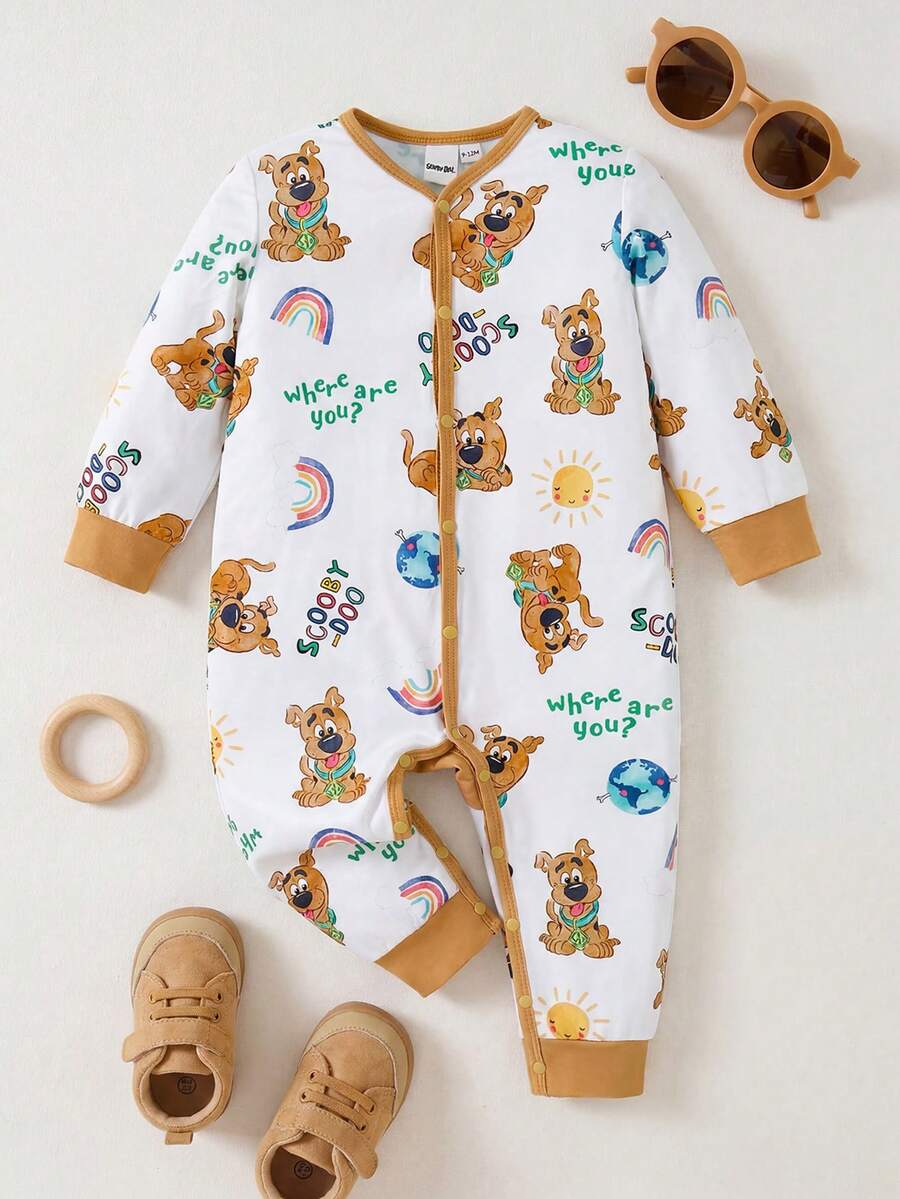 SCOOBY-DOO X SHEIN Baby Boy Cartoon Dog, Rainbow Sun Print White Casual Funny Cute Jumpsuit Family Matching First Birthday Autumn - Multicolor - View 1