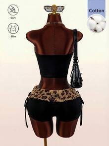 Amplova Women's Patchwork Black And White Leopard Print Print Cropped Tube Top Mini Shorts 2pcs Set Club Night Summer Sexy - Black - View 5