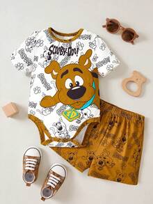 SCOOBY-DOO X SHEIN 2件套男婴卡通狗印花撞色装饰连体衣和短裤夏季套装 - 咖啡棕 - 查看 1