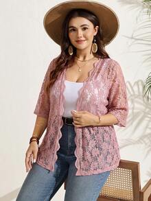 SHEIN LUNE 大尺碼女款蕾絲休閒百搭日常外出開襟衫 - 藕粉色 - 查看 9