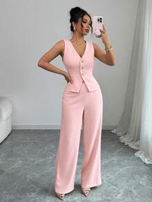 Elenzga Women's Elegant Sleeveless Blazer Vest And Pants Suit Set, Business/Commute Style, Summer - Pink - View 6