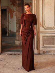 Aureia Elegant Coffee-Colored Brown Stretch Boat Neck Flutter Sleeve Ruched Draped Bodycon Maxi Floor Length Formal Event Vow Ball Wedding Bridal Gown Winter - Coffee Brown - View 7