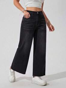 SHEIN ICON 女款大尺碼直筒牛仔褲，附口袋、鈕扣與毛邊褲腳 - 黑色 - 查看 4