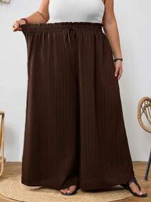 SHEIN CURVE+ Celana Panjang Ukuran Besar Warna Polos Pinggang Tinggi Kaki Lebar, Desain Pinggang Paper Bag, Cocok Untuk Liburan Musim Panas di Pantai - Coklat - View 7
