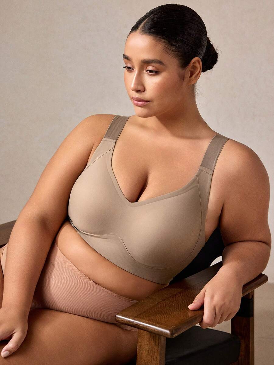 Veilyse 女性無縫無鋼圈運動/瑜珈/睡眠/防下垂襯墊加大內衣,實心,薄材質,適用於秋/冬季 - 灰色 - 查看 1