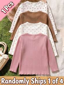SHEIN 1件女款圓領長袖上衣，3D花朵貼花，可選粉色3D花朵、波點、咖啡色、蝴蝶結款式，垂直紋理荷葉邊下擺，修身版型，適合外出、日常穿著，春秋冬季 - 杏色 - 查看 2