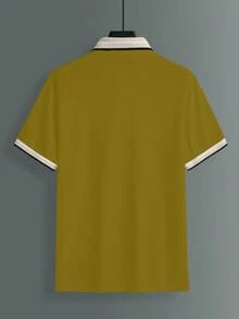 Calvornis 男士珠飾羅紋領刺繡短袖休閒 Polo 衫 - 橄欖綠 - 查看 4
