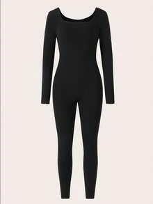 1件女童（大童）休閒基礎運動街頭瑜伽方領長袖長褲緊身連身褲，適合秋冬 - 黑色 - 查看 2