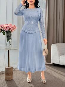 Feyla Women's Light Blue Crew Neck Lace And Pleated Midi Dress With Bow Detail Elegant Party Dress - Blue - View 4