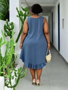 CurvyTilda Plus Size Women Dusty Blue Boho Summer Vacation Holiday Solid Color Round Neck Pocket Design Casual Sleeveless Dress,Spring Country Style Clothing - Dusty Blue - View 2