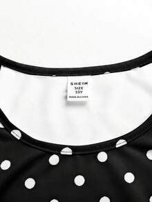 SHEIN 兒童青少年女孩黑白波點印花針織三件套：包含長袖半高領拉鍊上衣、細肩帶背心與單車褲 - 黑色 - 查看 9