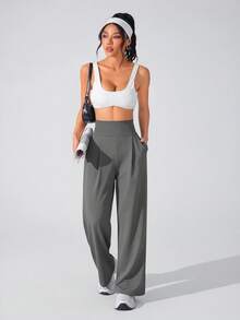 Easithlete Easithlete Women's Solid Color High Waist Pocket Loose Fit Sports Pants - Flint Stone - View 5