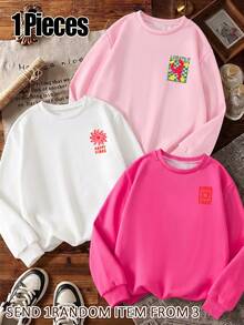 GraphicGems 女孩印花長袖抓絨運動衫，字母、花朵、龍蝦、小太陽圖案，秋冬戶外休閒上衣，3款隨機，1件裝 - 彩色 - 查看 2
