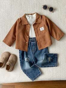 SHEIN 3 pezzi/Set Outfit casual autunno/inverno per neonato maschio, include maglietta interna, camicia bianca a collo medio e jeans in denim, set camicia, set giacca, set denim, outfit autunno/inverno per neonato - Multicolore - Visualizzare 7