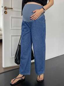 DAZY Elastic Waist Patchwork Knit Adjustable Loose Harem Cropped Length Maternity Jeans For Daily Wear, All Seasons Fall - Medium Wash - View 5