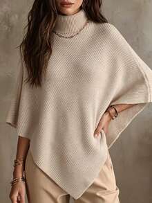 SHEIN Women's Solid Color High Neck Loose Asymmetric Hem Cape Sweater - Apricot - View 4