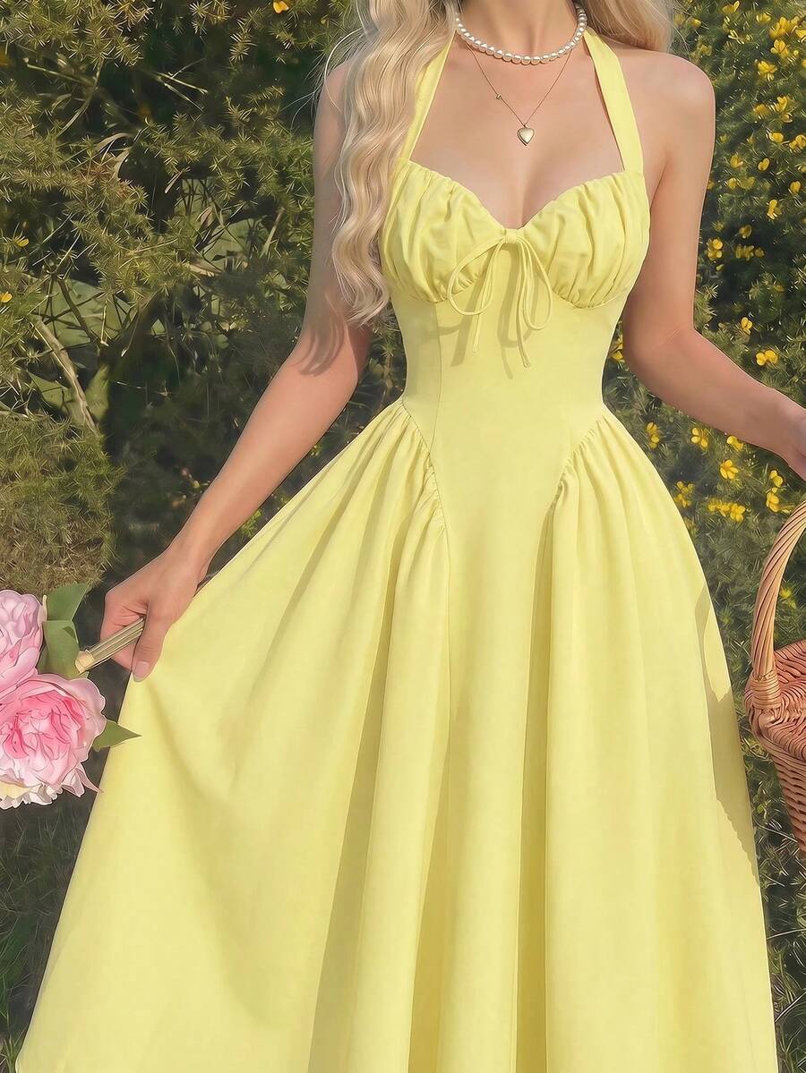 SHEIN MOD 女士露背褶皱蝴蝶结摆裙,浅黄色,夏季,90年代复古风,适合野餐、化装舞会、生日派对、波西米亚婚礼宾客穿着 - 黃色 - 查看 1