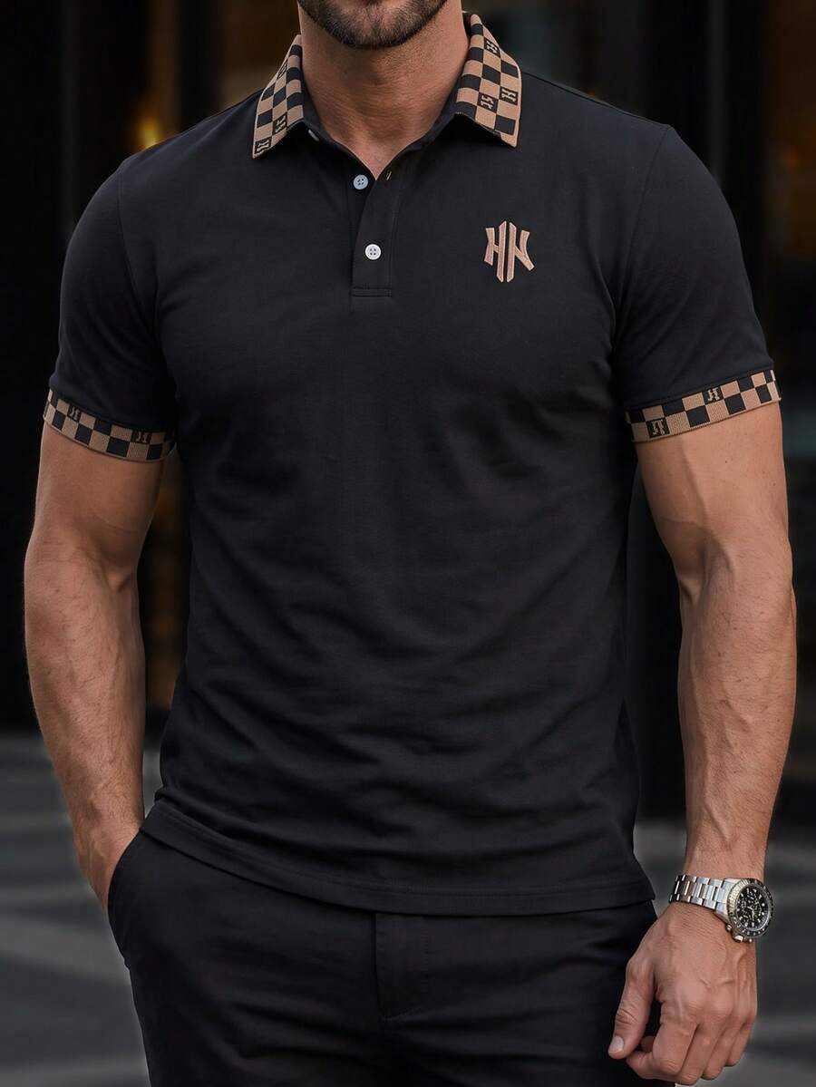 Manfinity Mode Men's Summer Checkered Short Sleeve Casual Commuter Polo Formal Shirt, Ceremony - Black - View 1