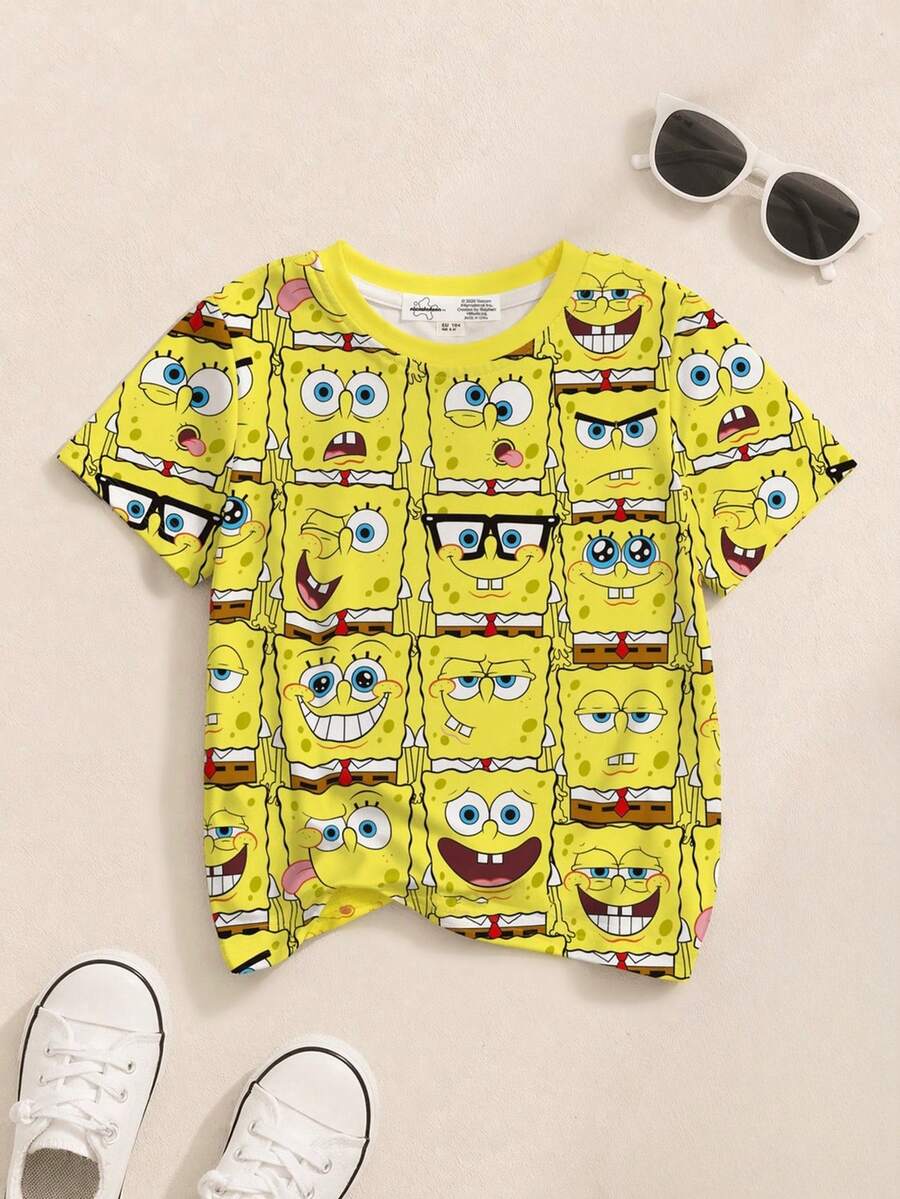 SpongeBob SquarePants | SHEIN 小男孩卡通印花圆领短袖T恤,夏季 - 白色 - 查看 1