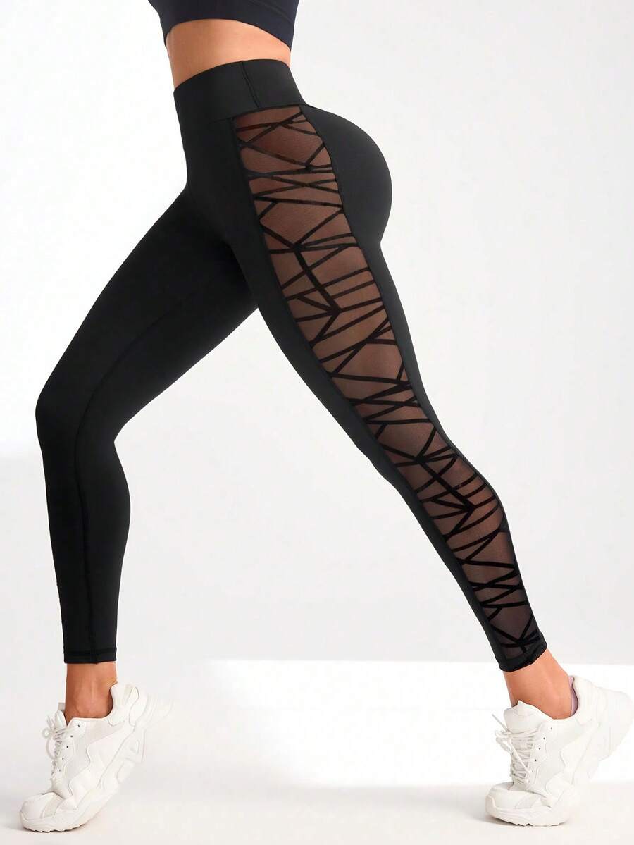 SHEIN Women's Fashion Mesh Patchwork Slim Fit Sports Leggings - Black - View 1