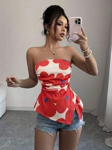 SHEIN MOD 米色側抓皺不對稱下擺牛仔抹胸上衣，適合早午餐、度假、夏季性感穿搭 - 彩色 - 查看 4
