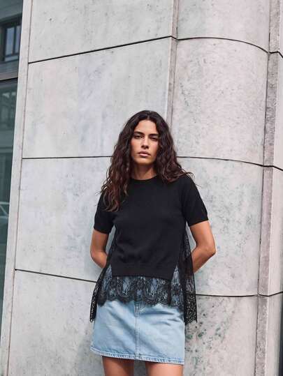 Maija Women's Solid Color Round Neck Short Sleeve Contrast Lace Knit Top ,Going Out Outfits, Work Outfits For Women,Fall Clothes