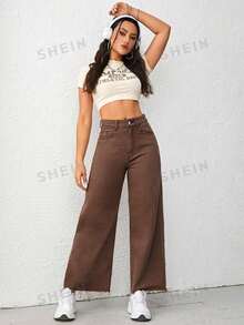 SHEIN ICON 女款大尺碼白色彈性腰直筒牛仔褲，毛邊褲腳 - 棕色 - 查看 4
