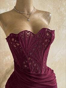 Soleia Women's Sexy Vacation Strapless Lace Textured Draped Mesh Ruched Bustier Mini Dress, Beach Night Out Club, Summer, Music Festival, Party, Burgundy - Burgundy - View 3