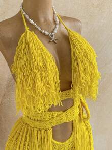 Soleia Women's Plus Size Tassel Knit Jumpsuit For Vacation - Yellow - View 8