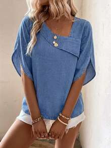 EMERY ROSE Women's Casual Versatile Everyday Denim Top Brunch Vacation Navy Blue Summer - Blue - View 7