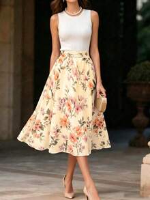 SHEIN French Fresh Floral Pleated Midi Skirt - Summer High Waist Slim A-Line Skirt - Multicolor - View 3