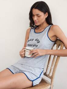 Doze Lane Women's Tank Top Shorts Casual Modest Pajama Set, Minimalist, Suitable For Outdoor Wear Lounge Sleep Grey Summer - Multicolor - View 5