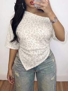 Slaydiva Plus Size Leopard Print Asymmetric T-Shirt - Multicolor - View 5