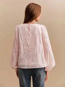 Willow Rêve Women's Pleated Embroidered Cutout Lace Blouse, Light Pink Long Sleeve Shirt Top - Baby Pink - View 3